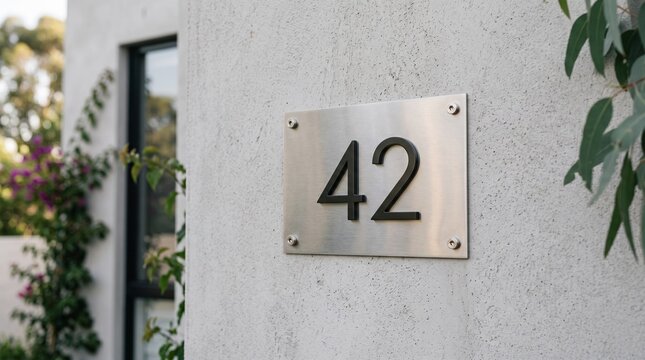 Stainless Steel House Number Plate Displaying Number 42 Mounted on Exterior Wall of Modern Home, Symbolizing Residential Identity, Architecture, and Real Estate