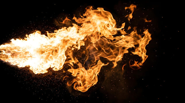 Bright orange flames burn fiercely against a stark black background in a dynamic display of intense heat and energy