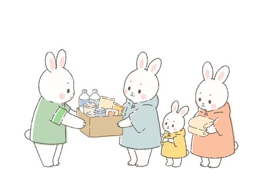 災害時の支援物資を受け取るウサギの親子　避難所で物資配布・防災
