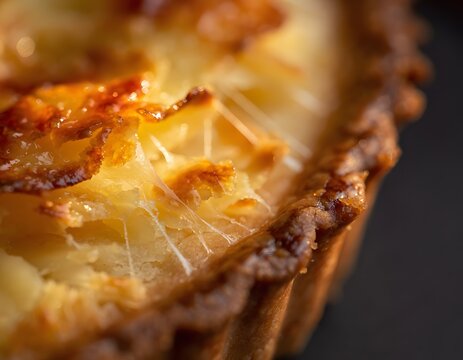 Extreme Macro Photography of Golden Milk Crust and Melted Cheese Pie Surface with Detailed Texture
