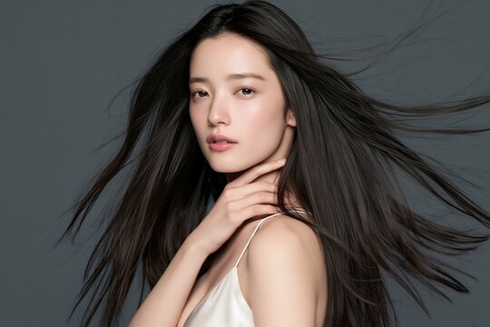 風になびく美しい黒髪と澄んだ肌を持つ日本人女性のポートレート