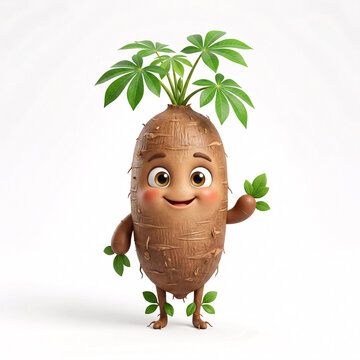 Racine de manioc anthropomorphe souriante avec feuilles vertes en illustration 3D