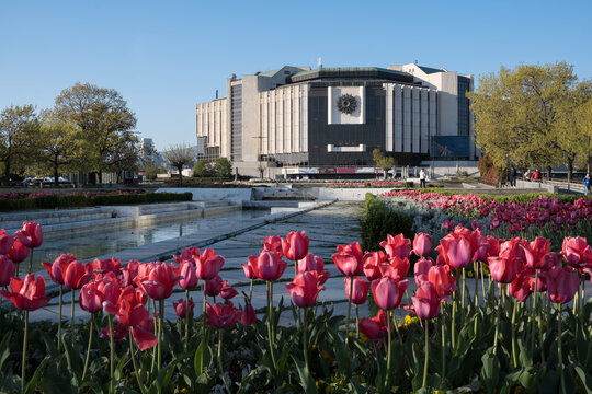 Sofia, Bulgaria &ndash; Reflecting pools and pink tulip beds leading to the National Palace of Culture (NDK) on a clear spring morning.