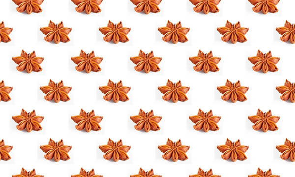 Colorful star anise pattern on a white background, side view.