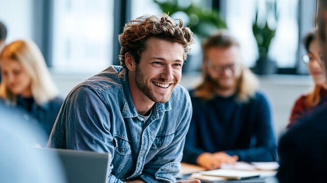 Smiling young businessman in denim shirt talking with colleagues during meeting in office.