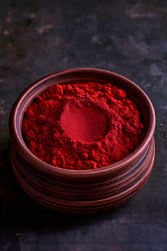Centered open clay jar filled with flat vermilion cinnabar powder, fine granular texture, direct top light creating circular bright spot, rough pottery contrasting with fine powder, dark grey backgrou