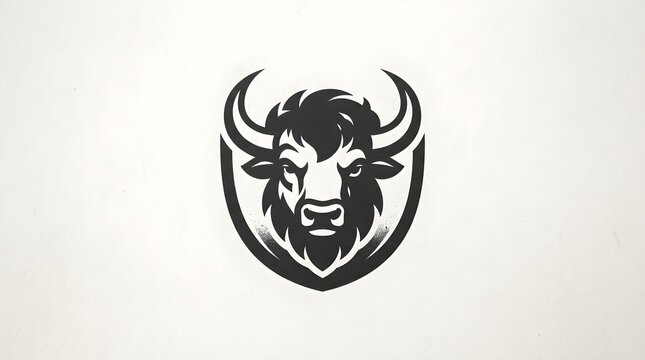 Bold black and white stylized bison face enclosed in a curved shield shape with strong horns and intense gaze on light background.