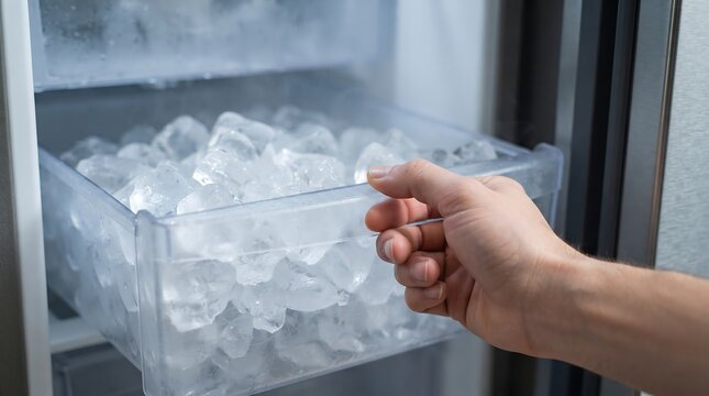 Hand Opening Ice Cube Tray Drawer in Refrigerator Freezer &ndash; Close-Up of Fresh Ice Cubes for Home Kitchen Appliance and Refreshment Concept