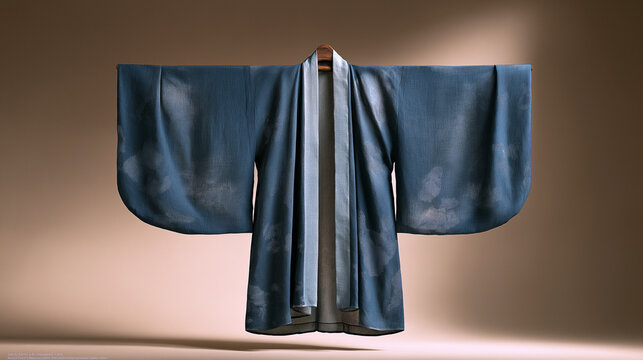 Horizontal centered deep blue-green Daoist robe suspended, silver thread abstract cloud and star patterns shimmering, natural flowing folds, soft 45-degree lighting from upper right, warm linen backgr