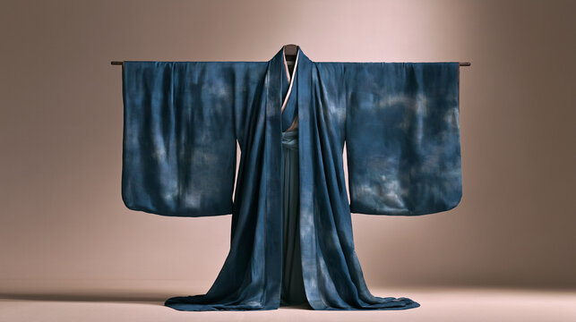 Horizontal centered deep blue-green Daoist robe suspended, silver thread abstract cloud and star patterns shimmering, natural flowing folds, soft 45-degree lighting from upper right, warm linen backgr