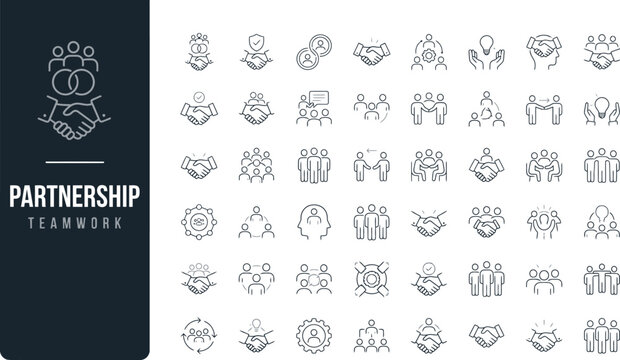 Partnership and teamwork icons set featuring outline illustrations about business cooperation and collaboration