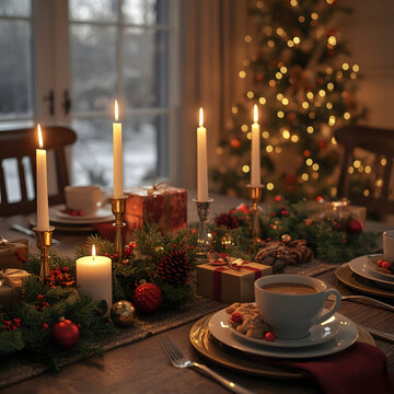 Elegant holiday dinner table is beautifully set with burning tall white candles green pine garland red ornaments wrapped gifts and a cup of coffee at sunset.