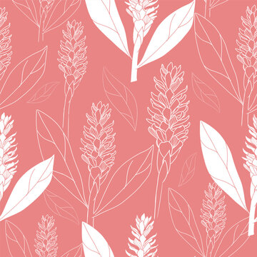 Ginger Surface Pattern with White Line Art Illustrations. Botanical Design, Seamless Texture, Floral Motif