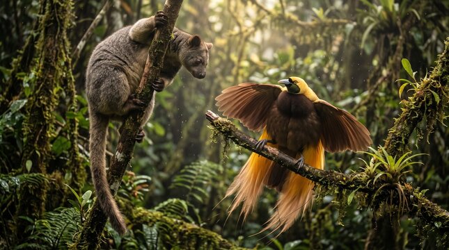 Wildlife encounter between a possum and a bird in lush rainforest