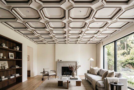 Coffered ceiling with geometric grid in contemporary residential interior
