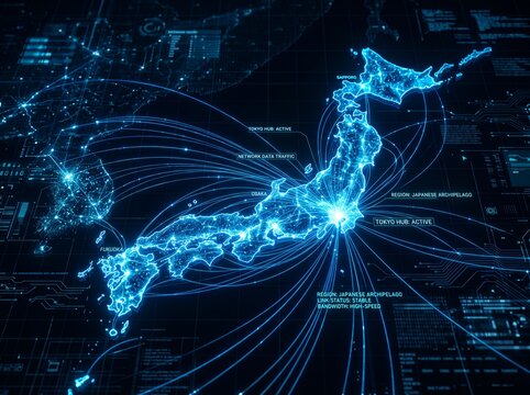 煌めく光で結ばれた日本地図のデジタルネットワーク未来像