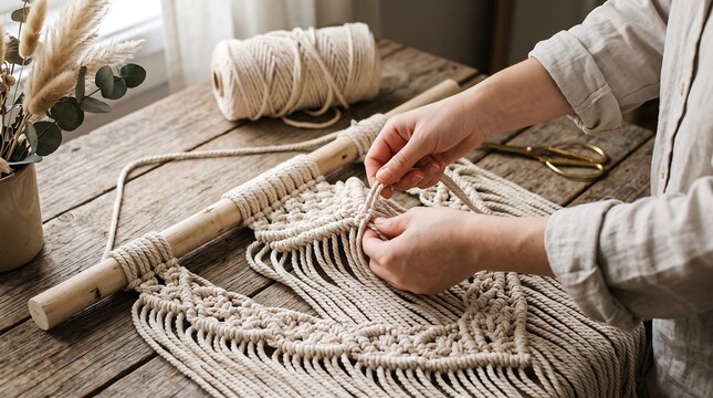 Close-up of human hands tying knots to create a macrame wall hanging on a rustic wooden table with crafting tools nearby.