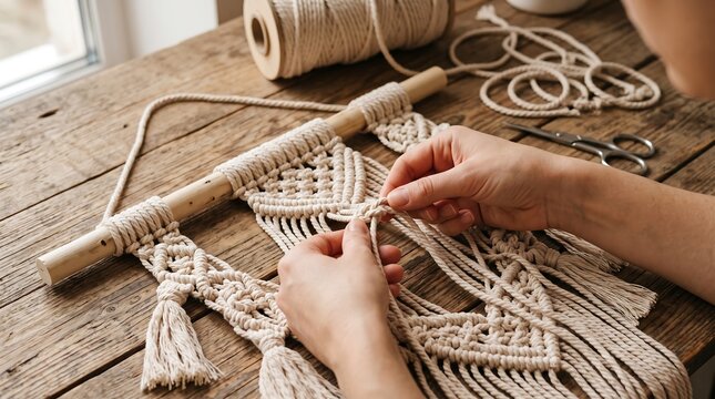 Close-up of human hands tying knots to create a macrame wall hanging on a rustic wooden table with crafting tools nearby.