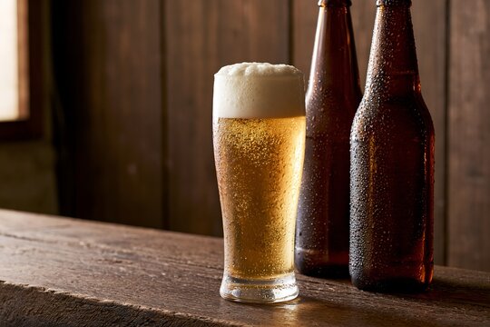 冷えたビールグラスと瓶が木製カウンターに置かれた乾杯イメージ