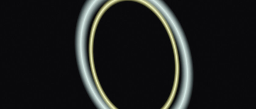 Abstract glowing rings on black background. Futuristic golden and silver neon light circles intersecting in dark space. Minimalist digital design for high tech and science presentations