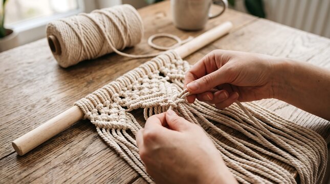 Close-up of human hands tying knots to create a macrame wall hanging on a rustic wooden table with crafting tools nearby.
