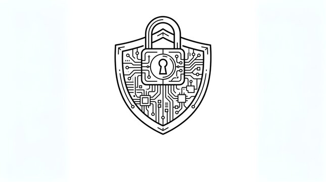 Cybersecurity Shield with Padlock and Circuit Board Line Art for Digital Protection Concepts