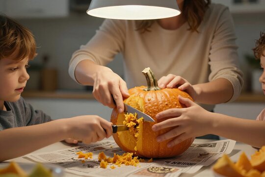 Captures Family Moment Centered Around Activity Of Carving Pumpkins For To Halloween Preparation Decoration Main Subjects Adult Female