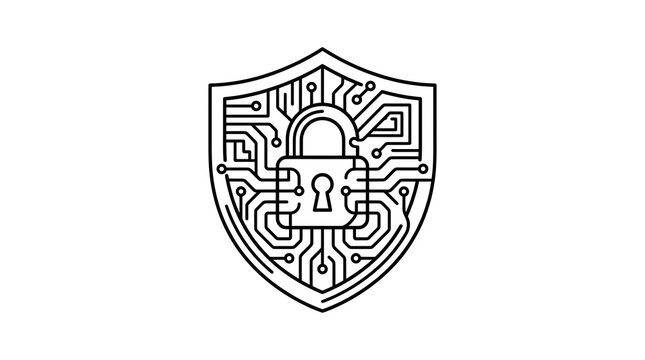 Cybersecurity Shield with Padlock and Circuit Board Line Art Icon