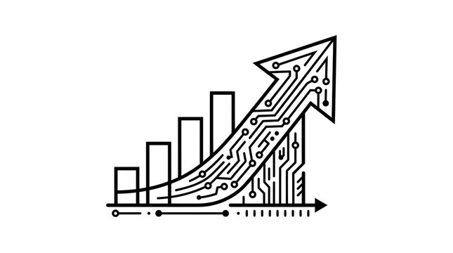Bar Chart and Circuit Patterned Upward Arrow Line Art Icon for Growth Analytics