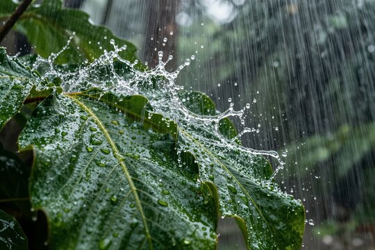 Captures Close View Of Single Green Leaf With Glossy Texture From Tropical Subtropical Plant Adorned Numerous Water Droplets Reflecting