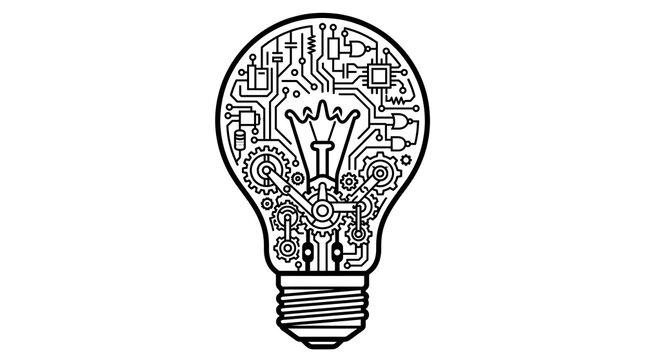Light Bulb Icon with Circuit Board and Gears Line Art Vector for Innovation