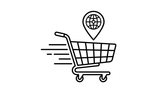 Global e commerce concept with a shopping cart indicating worldwide delivery and location services for online retail and business expansion across continents