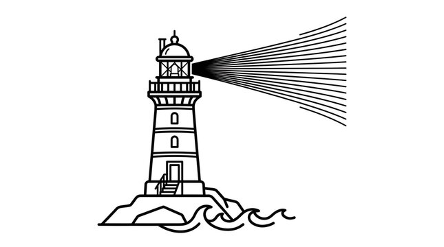 A classic tall beacon tower stands on rocky terrain with waves crashing below emitting a strong beam of light outwards across the sea symbolizing guidance and safe passage for seafarers