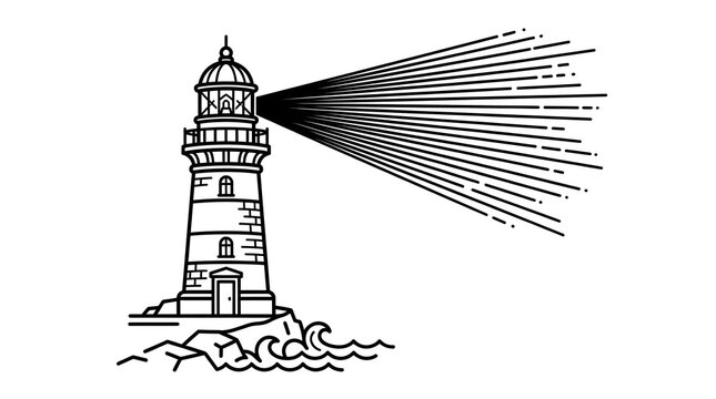 A weathered stone lighthouse stands tall on a rocky coastline projecting a powerful beam of light across the dark choppy ocean waves guiding maritime vessels safely through nautical journeys and