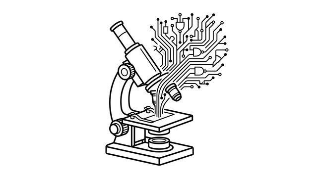 Microscope Line Art Merged with Circuit Board for Science Technology Icons