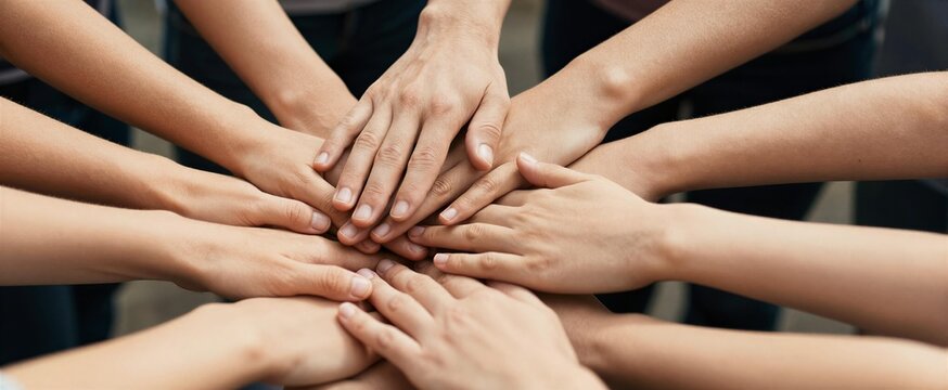 Depicts Group Of Individuals With Hands Joined Together In Center Forming Circle Unity Collaboration Among Skin Tones Vary From Light