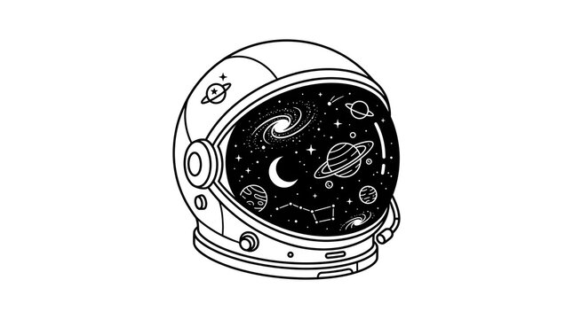 Astronaut Helmet Line Art Vector Icon with Cosmic Visor Scene
