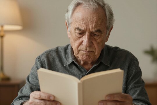 Depicts Elderly Man Engrossed In Reading Book Contemplative Deeply Focused On Content Of Literature As Evidenced By Furrowed Brows