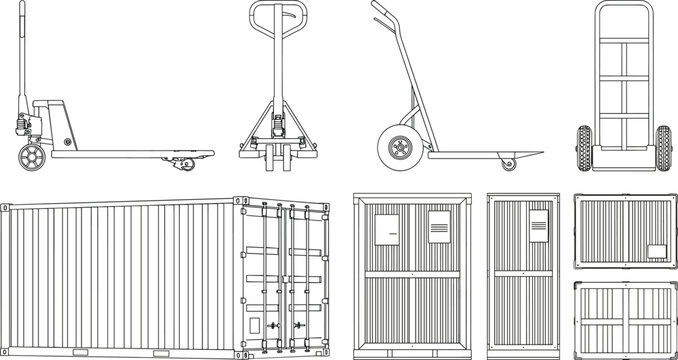 Technical CAD drawing vector flat sketches of warehouse shipping containers, pallet jacks, and hand trucks