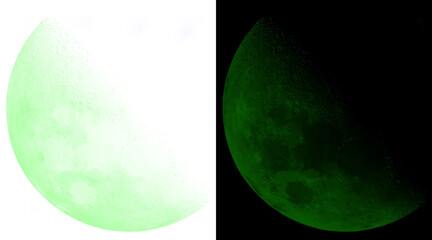 Green moon lunar phases illustration, glowing emerald celestial sphere on black and white backgrounds, mystical planet surface textures © MstSaudia