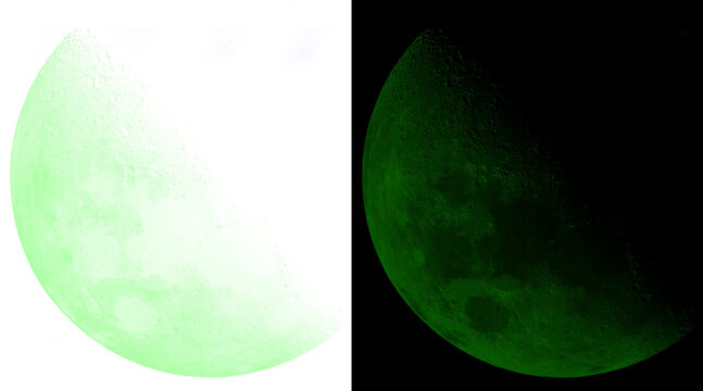 Green moon lunar phases illustration, glowing emerald celestial sphere on black and white backgrounds, mystical planet surface textures