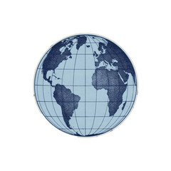 Naklejka premium Stylized globe showing continents, world map for global concepts, blue and white graphic.