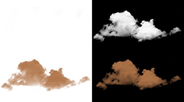 Realistic cloud alpha channel set, white and brown smoke textures on black and white backgrounds, isolated atmospheric design elements