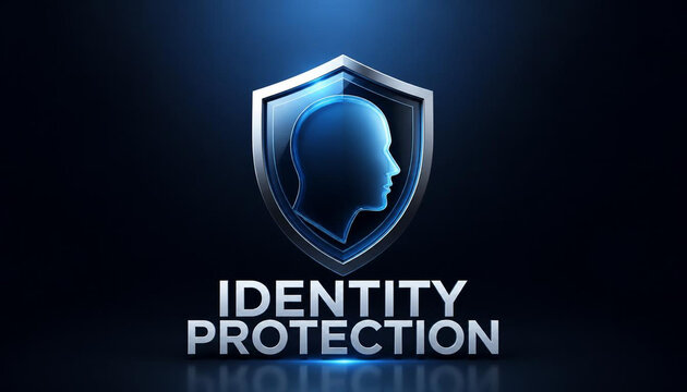 Shiny metallic shield with glowing human profile representing digital identity protection and secure online personal data