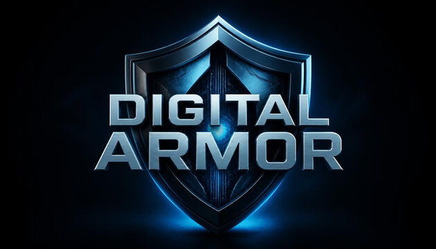 Metallic blue digital shield icon featuring glowing core accents with sharp beveled edges and modern typography