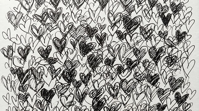 Hand-drawn doodle heart pattern background. Black and white sketchy love symbols. Crayon texture seamless vector design for Valentine's day.