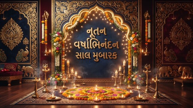 Nutan Varshabhinandan Sal Mubarak Gujarati New Year Background with Diya and Rangoli 