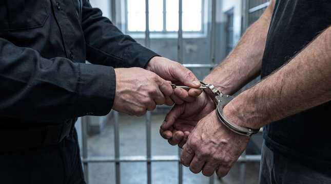 Police officer putting metal handcuffs on a prisoner in jail