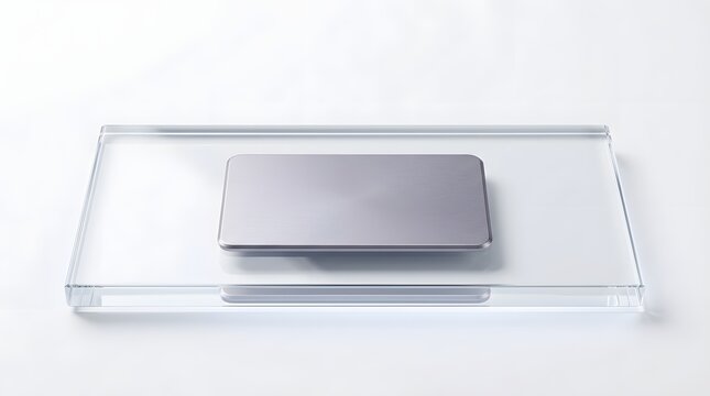A small silver metallic rectangular object resting on a clear glass display block