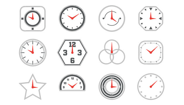 Assorted watch face designs and clock dials featuring creative shapes and layout styles with bright red hands.